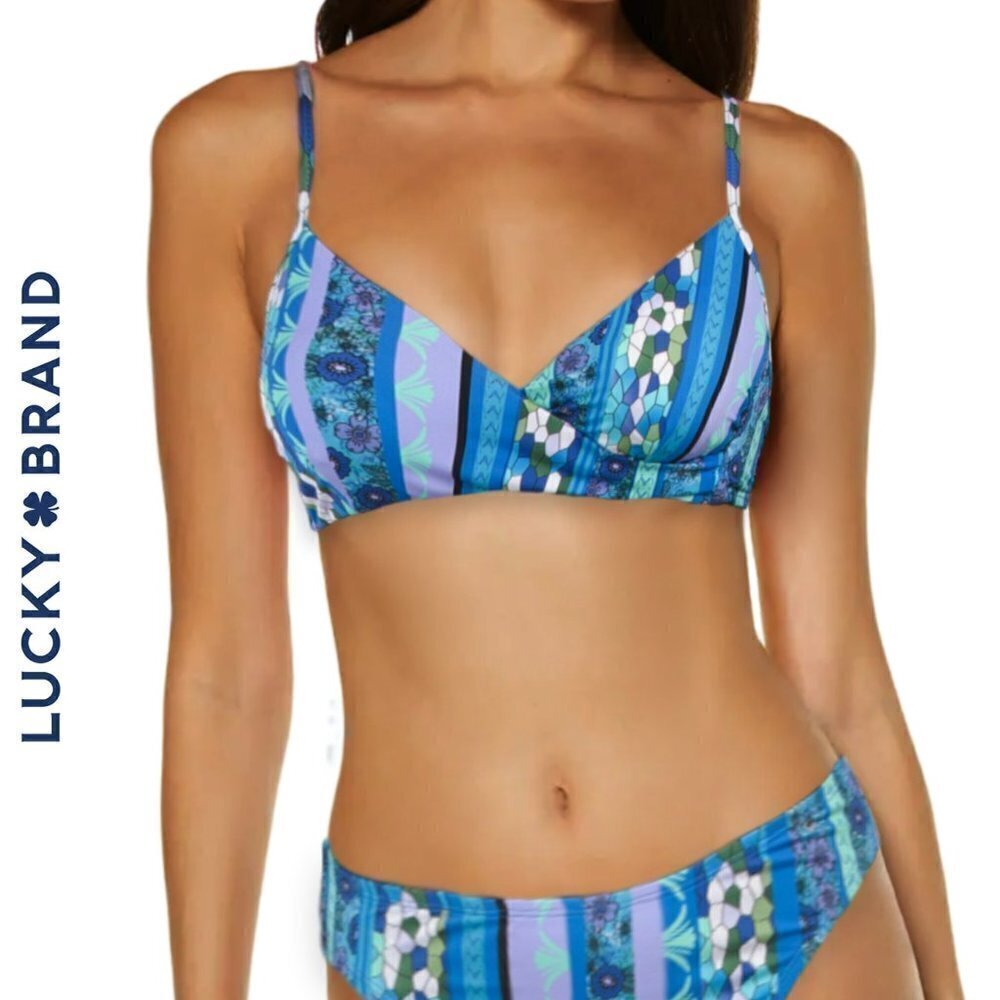 NWT Lucky Brand Floral Print Cross Over Swim Bralette Bikini Top